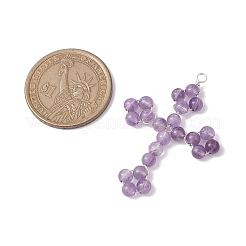天然アメジスト銅線巻きペンダント  宗教クロスチャーム  銀色のメッキ  46x32x4mm  穴：3mm&nbsp;PALLOY-TA00146-04