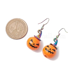 ハロウィンテーマの合金製木製カボチャダングルイヤリング  女性用304ステンレスジュエリー  虹色  48x16mm&nbsp;EJEW-JE05850-02