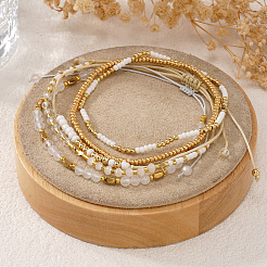 5Pcs Glass & Metal Gold & White Beaded Bracelet Sets&nbsp;AB9103-3