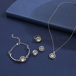 合金ラインストーンリンクブレスレット＆スタッドピアス＆ペンダントネックレス＆リングセット  フラットラウンド  プラチナ  410mm&nbsp;WG6A31F-03