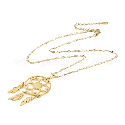 Woven Net/Web with Feather 201 Stainless Steel Boho Pendant Necklaces for Women&nbsp;NJEW-G087-04G