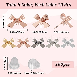 50個 5色 蝶結び 真鍮 スタッド イヤリング 金具  ループと100個のプラスチックイヤーナット付き  ミックスカラー  11x16mm  穴：1.2mm  ピン：0.6mm  10個/カラー&nbsp;KK-SP0001-47