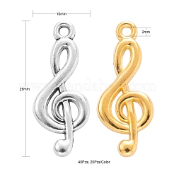 40個2色チベット風アロイト音記号ペンダント  音符  アンティークシルバー＆アンティーク金色  26x10x2mm  穴：2mm  20個/カラー&nbsp;FIND-FS0001-11M