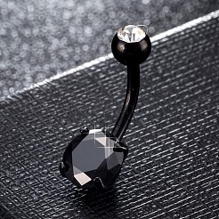 ピアス  真鍮製キュービックジルコニアへそピアス  ベリーリング  304ステンレススチールバー付き  鉛フリー＆カドミウムフリー  フラットラウンド  ガンメタ色  ブラック  21x8mm  バー: 15 ゲージ (1.5mm)  バーの長さ: 3/8
