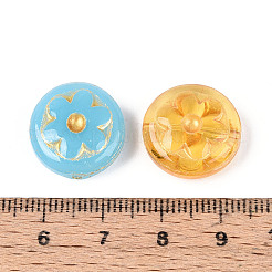 花のガラスビーズが付いたフラットラウンド  ゴールドライン入り  ミックスカラー  17x7mm  穴：1.2mm&nbsp;GLAA-T025-59M