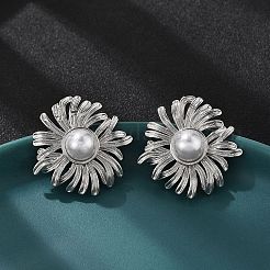 Brass ABS Plastic Imitation Pearl Flower Stud Earrings&nbsp;EJEW-S258-01P