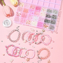 DIY 丸型ガラス & CCB プラスチックビーズ ブレスレット作成キット  ピンク  6~18x2.5~15x2~7.5mm  穴：1.2~2mm&nbsp;DIY-FS0007-56B