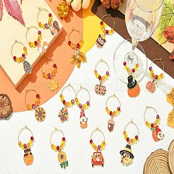 感謝祭のガラスワイングラスチャーム18個  合金エナメルチャーム付き  真鍮ワイングラスチャームリング  ミックスカラー  48~65mm&nbsp;HJEW-SW00214-01