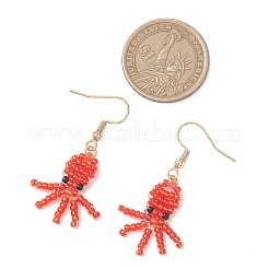 304ステンレススチールダングルイヤリング  ガラスシードビーズで  タコ  18KGP本金メッキ  レッド  42.5x22.5mm&nbsp;EJEW-MZ00676