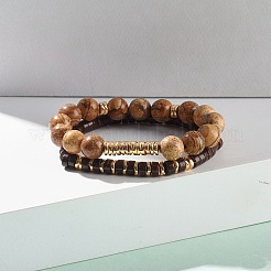 Coconut & Synthetic Hematite & Natural Picture Jasper Beads Stretch Bracelets Set&nbsp;BJEW-JB07498