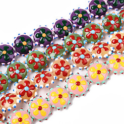 手作りランプワークビーズ  花付き凸凹したフラットラウンド  ミックスカラー  18.5~20x10~11mm  穴：1mm&nbsp;X-LAMP-T023-25M