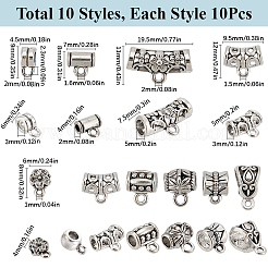 チベットスタイルの合金ハンガーリンク100個、10つのスタイル  チューブベイル  アンティークシルバー  7x8x4mm  穴：1.6mm  内径：2mm  10個/スタイル&nbsp;TIBE-SC0002-19