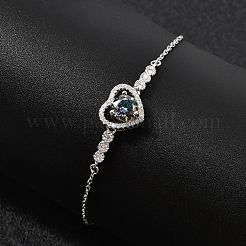 925スターリングシルバーコネクターブレスレット  女性用アズキチェーンブレスレット  ハート  モアッサナイトラインストーン付き  プラチナメッキ  6-3/4インチ（17.2cm）&nbsp;BJEW-D346-05B-P