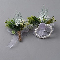 シルククロス手首コサージュ＆ブローチ  プラスチック製の人工花と模造真珠ビーズのストレッチブレスレット付き  結婚式のための  パーティーの装飾  ベージュ  180x110x53mm  ピン：0.7ミリメートル;内径：57ミリメートル  2個/セット&nbsp;AJEW-WH0248-60