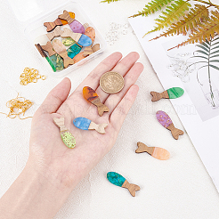 魚の形のイヤリングを手作りするキット  10色のレジン＆ウォールナットウッドペンダントを含む  真鍮のピアスフックと丸カン  ミックスカラー  10mm  穴：37.5x12x3mm&nbsp;DIY-OC0005-68