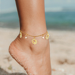 Moon Sun Brass Crystal Rhinestone & Plastic Pearl Charm Anklets for Women&nbsp;FS-WG63B7D-01