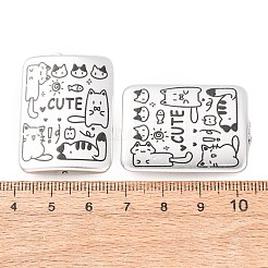 プリントされたアクリルビーズをメッキ加工  猫の落書き模様の長方形  銀メッキ  36x26x5mm  穴：1.5mm&nbsp;AC-CBA655C-06