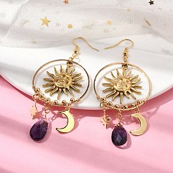 サン＆ムーン＆スター合金シャンデリアピアス  ガラスティアドロップロングドロップイヤリング  ゴールドカラー  83x35mm&nbsp;EJEW-TA00329