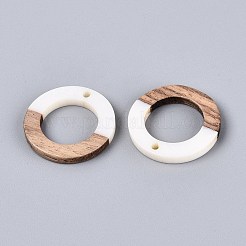 12個6スタイル不透明樹脂＆ウォールナットウッドペンダント  ラウンドチャーム  フローラルホワイト  18~38x18~38x2.5~4mm  穴：2mm  約6スタイル&nbsp;RESI-N053-21