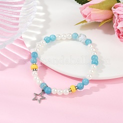 3Pcs 3 Colors Dyed Round Natural Malaysia Jade with ABS Plastic Pearl Beaded Stretch Bracelets&nbsp;BJEW-JB11643