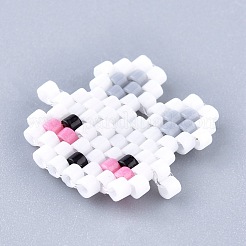 手作りシードビーズリンクコネクター  弾性糸で  織機模様  兎  ホワイト  15x16~17x1.5mm  穴：0.7mm&nbsp;SEED-I012-43