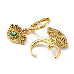 Evil Eye リアル 18K ゴールドメッキ真鍮ダングル レバーバック イヤリング  エナメル質とキュービックジルコニア付き  グリーン  25.5x15mm&nbsp;EJEW-A033-06G-03