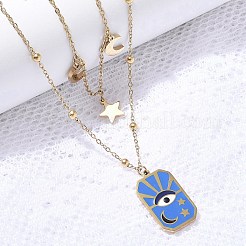 304 Stainless Steel Enamel Eye Moon Star Pendant Double Layer Necklaces for Women&nbsp;STAS-Z105-02G