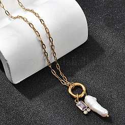 Natural Keshi Pearl Stick & Rectangle Purple Glass Pendant 304 Stainless Steel Paperclip hain Necklaces for Women&nbsp;NJEW-K255-54G