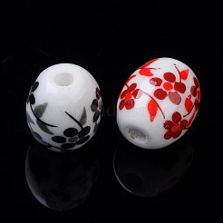 花柄プリントの磁器ビーズ  花柄のセラミックビーズ  オーバル  ミックスカラー  12x10x10mm  穴：2mm&nbsp;X-PORC-S435-M