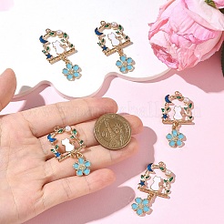 合金エナメル＆アクリルパールペンダント  猫の形と花のチャーム  ゴールドカラー  ダークターコイズ  45mm  約5個/セット&nbsp;PALLOY-YW00228-01