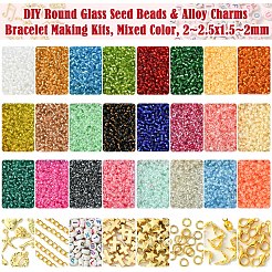 DIY 丸型ガラスシードビーズと合金チャームブレスレット作成キット  ミックスカラー  2~2.5x1.5~2mm  穴：0.8~1mm&nbsp;DIY-FS0007-19