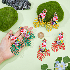 3 Pairs 3 Colors Flower & Leaf Rhinestone Dangle Stud Earrings&nbsp;EJEW-FI0003-21