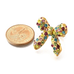 女性用 蝶結び 304 ステンレス ラインストーン カフ リング  18KGP本金メッキ  カラフル  内径：17mm&nbsp;RJEW-A058-01C-G