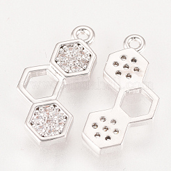 真鍮キュービックジルコニアチャーム  プラチナメッキ  六角  17x8x2mm  穴：1mm&nbsp;X-ZIRC-Q002-140P