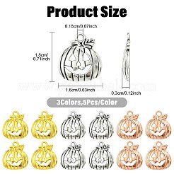 15 個 3 色チベットスタイルハロウィンカボチャジャックオーランタン合金ペンダント  ミックスカラー  18x16x3mm  穴：1.8mm  5個/カラー&nbsp;TIBEP-FS0001-41
