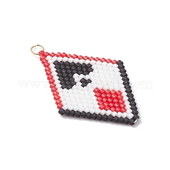 ミユキデリカガラスシードビーズプレイングカードペンダント  304ステンレススチール製丸カン付き  ハート  38x25.5x2mm&nbsp;PALLOY-MZ01065-01