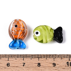 手作りランプワークビーズ連売り  魚  金砂と通常  ツートン  ミックスカラー  19.5~20.5x11.5~13x7.5~9mm  穴：0.9~1.2mm  約14~15個/連  10.83~11.42インチ（27.5~29cm）&nbsp;LAMP-N036-14