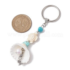 合成ターコイズキーホルダー  チベット風合金ペンダントと貝殻ペンダント付き  人魚  フローラルホワイト  10cm&nbsp;KEYC-JKC00843-02