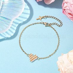 ガラスシードビーズハートリンクブレスレット  女性用真鍮アズキチェーンブレスレット  ゴールドカラー  ピンク  7-1/4インチ（18.4cm）&nbsp;BJEW-MZ00093-03