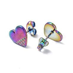 イオンプレーティング（IP）304ステンレススチール製ハートスタッドピアス（女性用）  虹色  9.5x10.5mm  ピン：0.7mm&nbsp;EJEW-F300-07MC