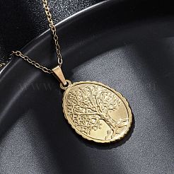 Oval Tree of Life 304 Stainless Steel Pendant Necklaces&nbsp;NJEW-M096-10G