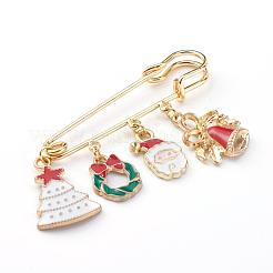 クリスマステーマ真鍮安全ブローチ  合金エナメルペンダント付き  カラフル  ゴールドカラー  29~40x50x6mm&nbsp;JEWB-BR00046-03