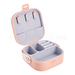 スクエア PU レザー & PP & シリコン ジュエリー セット ボックス  旅行用ポータブルジュエリーケース  収納ボックス  ネックレス用  リング  ピアスとペンダント  ピンク  10x9.7x3.8cm&nbsp;AJEW-TAC0014-13C