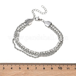 304ステンレススチールとラインストーンのロープチェーン二重ブレスレット（女性用）  フラットラウンド  ラインストーンとプラスチック製の模造真珠ビーズ付き  ステンレス鋼色  7.01インチ（17.8cm）&nbsp;BJEW-F540-07P