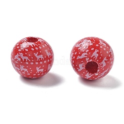 クリスマスプリントのシマウッドヨーロピアンビーズ  ラウンド  鹿  レッド  16x14.5mm  穴：4.5mm&nbsp;WOOD-G023-18D