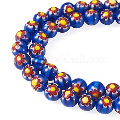 1連丸型ミルフィオリガラスビーズ連売り  ダークブルー  8mm  穴：1mm  約48個/連&nbsp;LK-TADJ0001-01B