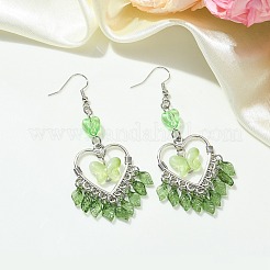 ハート合金ダングルのピアス  バタフライ＆リーフのアクリルタッセルイヤリング（女性用）  薄緑  77x27mm&nbsp;EJEW-JE05572