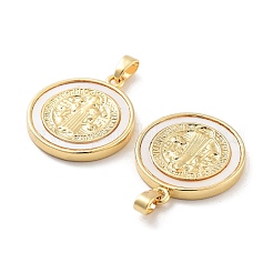 Rack Plating Brass Pave Shell Flat Round Pendants&nbsp;KK-C063-17G