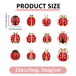 てんとう虫のエナメルピン1袋  バックパックの服用の鉄合金ラインストーンラペルピン  レッド  19.5~26x16~23mm  12個/袋&nbsp;JEWB-FH0002-56
