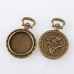 チベットスタイルの合金彫刻ウサギペンダントカボションのセッティング  プレーンエッジベゼルカップ  カドミウムフリー＆ニッケルフリー＆鉛フリー  アンティークブロンズ  フラットラウンドトレイ：20mm  39x27x3mm  穴：9x3mm  約142個/キログラム&nbsp;TIBEP-M018-55AB-NF